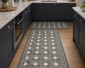 Acrylic Kitchen Runner Rug, Black Beige Area Rug, Modern Kitchen Mat, Non Slip Floor Runner, Neutral Home Decor, Long Hallway Rug,