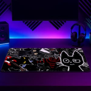 Y2K Grunge Cat Mouse Pad, Gothic Cat Gaming Mouse Pad, Black Doodle Desk Mat, Alt Aesthetic XXL Desk Mat, Chaotic Sketch Gaming Decor