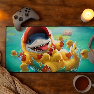 Puede incluir: Una alfombrilla de escritorio rectangular con una colorida ilustración de un tiburón con una gorra roja y un flotador con forma de pato amarillo, rodeado de pequeños patitos de goma amarillos en agua azul con nenúfares.