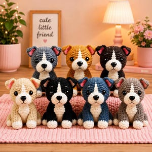 May include: Seven small, handmade crochet dog figurines arranged in two rows. Each plush toy features a white chest, white paws, a white muzzle, and black eyes. The dogs are colored in shades of gray, tan, dark brown, black, and blue with pink inner ears.