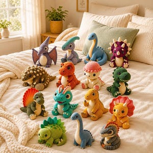 May include: A collection of fourteen crocheted dinosaur plush toys in various colors and species, including a purple pterodactyl, a blue long-necked sauropod, a dark purple triceratops, a green stegosaurus, and several other small bipedal dinosaurs.