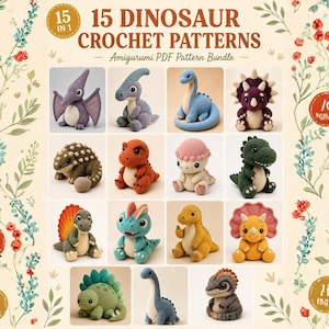 Bundel met 15 haakpatronen voor dinosaurussen, amigurumi-speelgoedpatroon in PDF-formaat (direct te downloaden)