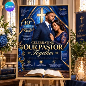 Peut inclure: Une affiche rectangulaire sur le thème bleu et or avec un couple, une croix et une Bible ouverte. Le texte indique 10th Pastoral Anniversary, Celebrating Our Pastor Together, Sunday October 5, 2025, 10:00 AM, et Grace Community Church.