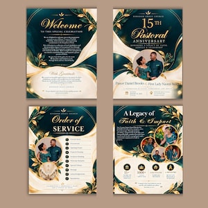 Op de afbeelding: Een vierdelige kerkprogrammaset met een diepblauwe en gouden kleurstelling, voorzien van vloeiende abstracte curven en bladgouden accenten. De tekst bevat Welcome to this special celebration, 15th Pastoral Anniversary, Order of Service en A Legacy of Faith & Impact, samen met foto's van een echtpaar en kerkelijke evenementen.