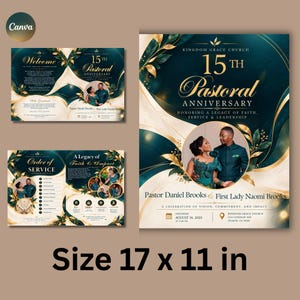 Può includere: Un modello di programma di 43,18 x 27,94 cm per il 15° anniversario pastorale della Kingdom Grace Church. Il design presenta accenti blu ottanio e oro, motivi floreali e cornici circolari con foto di Daniel e Naomi Brooks.
