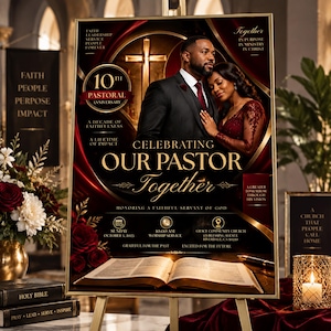 May include: A rectangular poster on an easel celebrating a 10th pastoral anniversary. It features a couple, a gold cross, an open Bible, and text including "Celebrating Our Pastor Together," event details for October 5, 2025, and Grace Community Church.