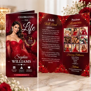 May include: A tri-fold funeral programme in deep red with gold accents, featuring a portrait of Sophia Williams in a red gown, the text Celebrating The Life, 24 Years, and biographical details, alongside a photo collage titled Precious Memories.