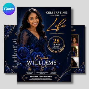 May include: A funeral programme template featuring a dark blue background with gold text and accents. It displays a portrait of a woman, deep blue roses, and the text Celebrating The Life, 28 Years Of Faith, Love & Legacy, and Sophia Williams.