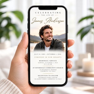 Pode incluir: Um convite digital para um serviço memorial exibido na tela de um smartphone. O design apresenta uma fotografia de um homem sorridente, o texto CELEBRATING THE LIFE OF James Anderson, datas e detalhes para o serviço na Riverdale Community Church.