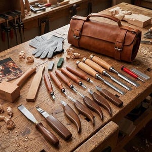 May include: A collection of wood carving tools including various chisels with wooden handles, a wooden mallet, a pair of gray cut-resistant gloves, and a brown leather tool roll, all arranged on a wooden workbench with wood shavings.