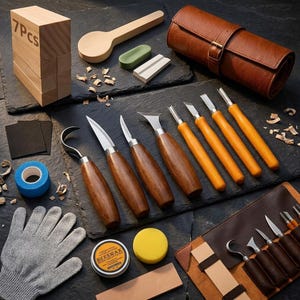 May include: A wood carving tool set featuring seven metal blades with wooden handles, a brown leather roll-up case, a wooden spoon blank, a beeswax tin, a sharpening stone, a green polishing block, a blue tape roll, and a pair of gray cut-resistant gloves.