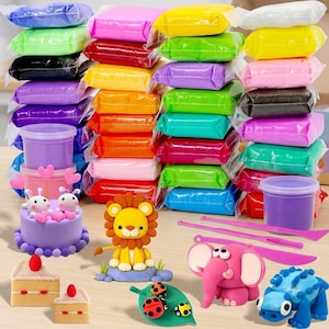 May include: A collection of colorful modeling clay packs in various hues, including purple, green, yellow, pink, orange, and black. The set includes sculpted clay figures of a lion, elephant, dinosaur, cake, and leaf, alongside plastic sculpting tools.