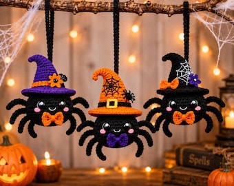 Halloween Haunted Hanging Spiders Crochet Pattern PDF | Cute Witch Hat Spider Ornaments | Amigurumi Halloween Decor | DIY Gift