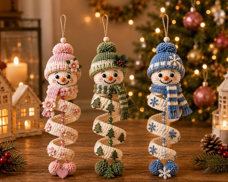 May include: Three crocheted snowman ornaments with spiral bodies hanging from jute loops. Each snowman wears a knit hat and scarf in pink, green, or blue. The spiral bodies are decorated with small flowers, pine trees, or snowflakes and beads.