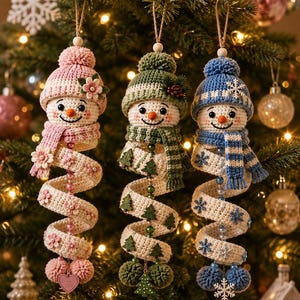 Puede incluir: Tres adornos de muñeco de nieve tejidos a ganchillo que cuelgan de lazos de cuerda. Cada muñeco lleva un gorro con pompón y bufanda, con un cuerpo largo en espiral decorado con pequeñas flores, pinos o copos de nieve y cuentas colgantes.