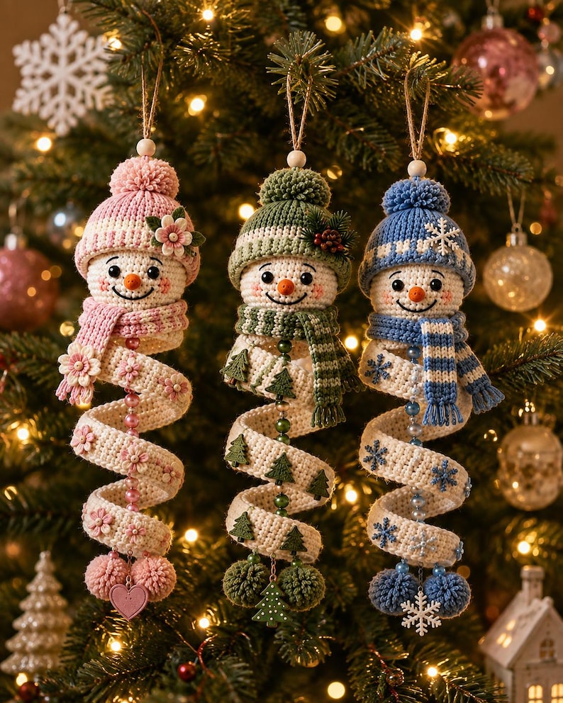 May include: Three crocheted snowman ornaments hanging from twine loops. Each snowman wears a pom-pom hat and scarf, with a long, spiraling body decorated with small embellishments like flowers, pine trees, or snowflakes and dangling beads.