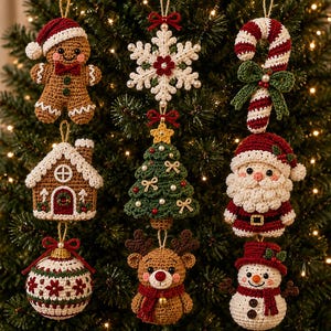 May include: A collection of nine crocheted Christmas ornaments featuring a gingerbread person, a white snowflake, a candy cane, a gingerbread house, a green Christmas tree, a Santa Claus, a patterned bauble, a reindeer, and a snowman.