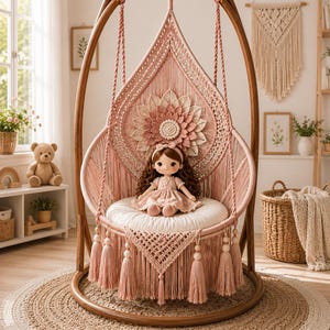 Elegant Boho Macramé Swing with Doll Crochet Pattern PDF, Nursery Decor, Hanging Chair, Amigurumi Doll, DIY Home Decor