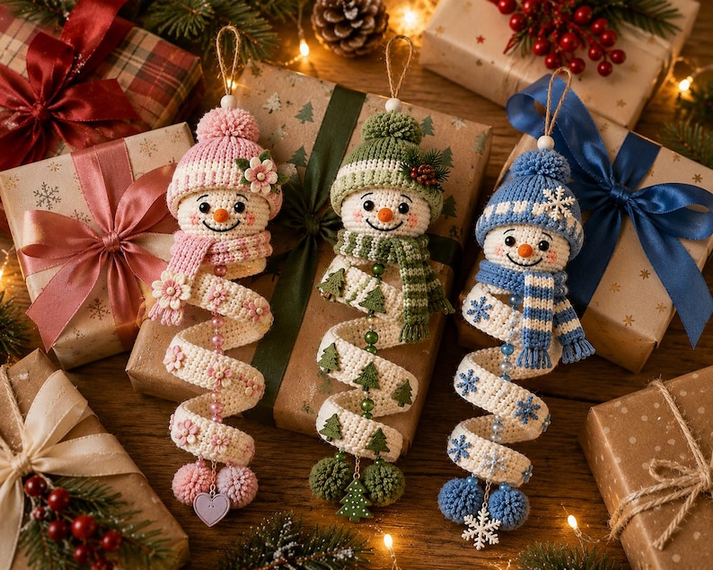 May include: Three crocheted snowman ornaments with spiral bodies. The left snowman wears a pink hat and scarf with flower accents. The center snowman has a green hat and scarf with tree motifs. The right snowman features a blue hat and scarf with snowflake details.