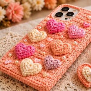 Puede incluir: Una funda de tel&eacute;fono de ganchillo color melocot&oacute;n con varios corazones tridimensionales en tonos rosa, crema y lavanda. La funda est&aacute; adornada con peque&ntilde;as perlas blancas y cuenta con un dije en forma de coraz&oacute;n en una correa trenzada.