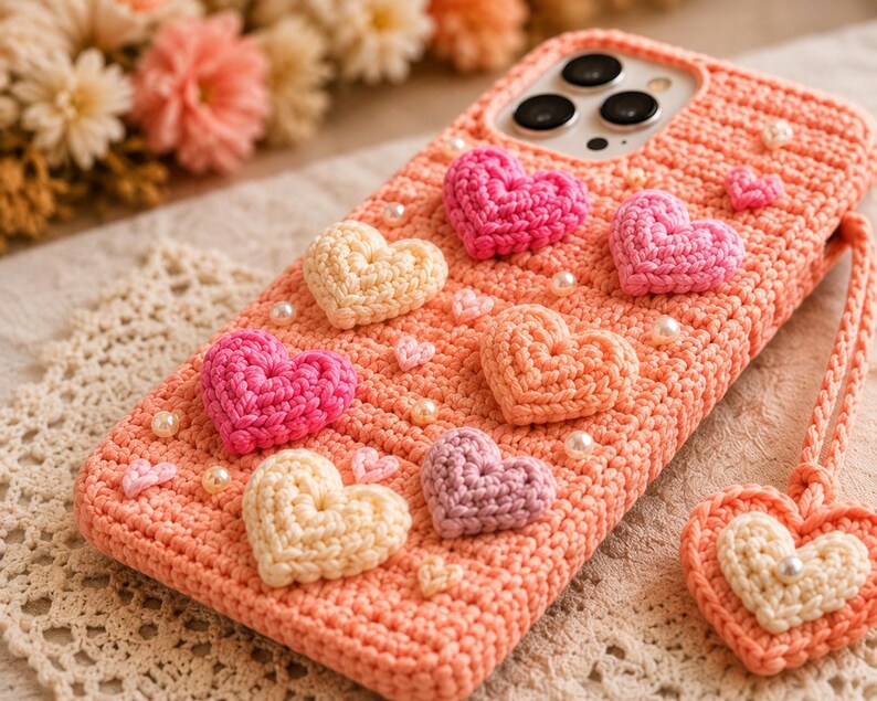 Puede incluir: Una funda de tel&eacute;fono de ganchillo color melocot&oacute;n con varios corazones tridimensionales en tonos rosa, crema y lavanda. La funda est&aacute; adornada con peque&ntilde;as perlas blancas y cuenta con un dije en forma de coraz&oacute;n en una correa trenzada.