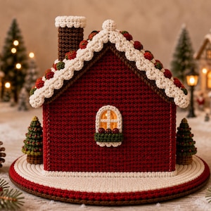 May include: A crocheted gingerbread house featuring a deep red facade, a brown chimney, and a white scalloped roof adorned with small red and green spheres. The house includes a central arched window with a light and a green window box.