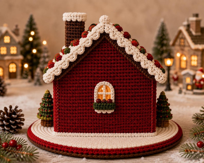 May include: A crocheted gingerbread house featuring a deep red facade, a brown chimney, and a white scalloped roof adorned with small red and green spheres. The house includes a central arched window with a light and a green window box.