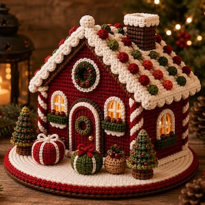 May include: A crocheted gingerbread house decoration featuring a dark red exterior, white scalloped roof trim, and a brown chimney. The house is adorned with red and green crocheted berries, small wreaths, and is surrounded by miniature crocheted trees and gifts.