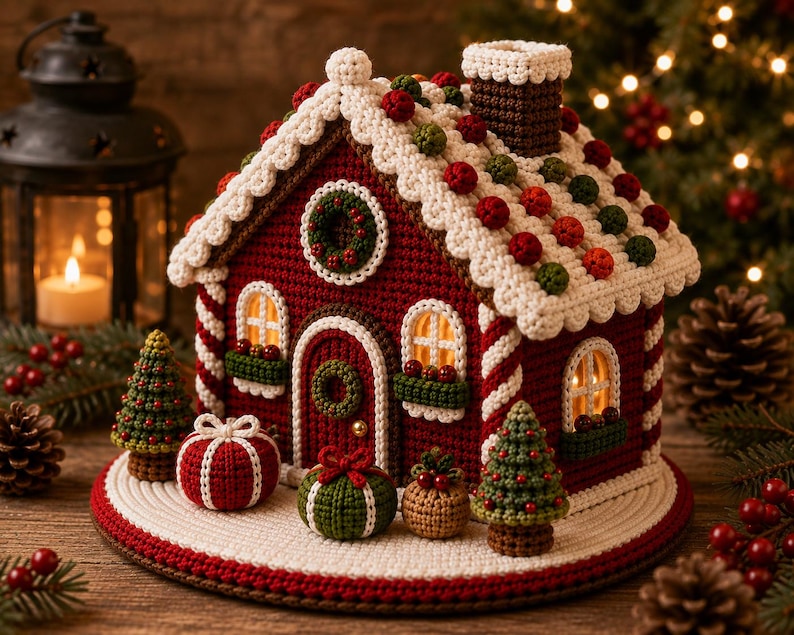May include: A crocheted gingerbread house decoration featuring a dark red exterior, white scalloped roof trim, and a brown chimney. The house is adorned with red and green crocheted berries, small wreaths, and is surrounded by miniature crocheted trees and gifts.