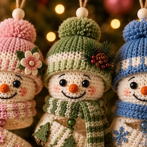May include: Three crocheted snowman ornaments with pom-pom hats and scarves. The left snowman wears a pink hat with a flower, the center one a green hat with pine accents, and the right one a blue hat with a white snowflake embellishment.