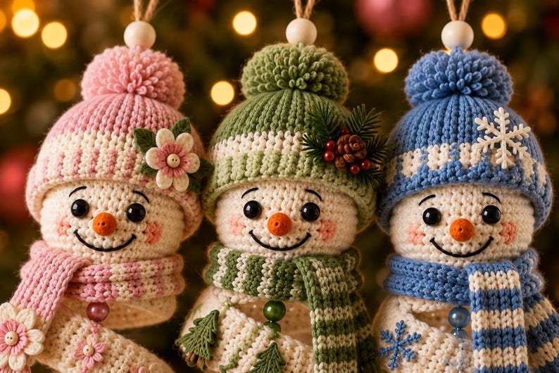 May include: Three crocheted snowman ornaments with pom-pom hats and scarves. The left snowman wears a pink hat with a flower, the center one a green hat with pine accents, and the right one a blue hat with a white snowflake embellishment.