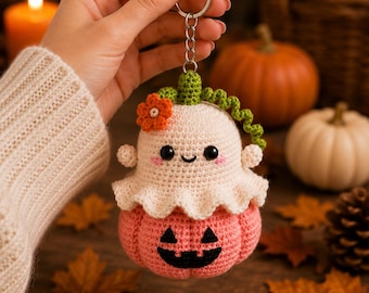 Halloween Ghost & Pumpkin Crochet Keychain Pattern PDF | Cute Amigurumi Ghost Pumpkin Keyring | Easy DIY Halloween Crochet Pattern