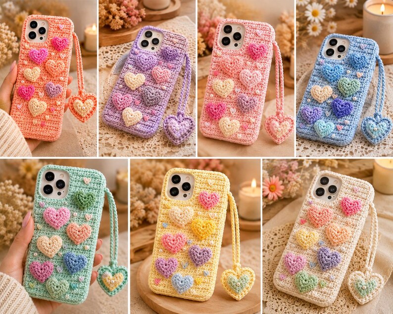 Puede incluir: Una colecci&oacute;n de siete fundas de tel&eacute;fono de ganchillo en varios colores pastel, cada una con una superficie texturizada con m&uacute;ltiples aplicaciones de corazones tridimensionales y un dije de coraz&oacute;n a juego unido a una correa de mu&ntilde;eca trenzada.