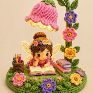 Schema PDF per lampada da lettura a forma di fata all'uncinetto / Bambola fata amigurumi con lampada a forma di fiore / Decorazione fai da te per la casa / Download digitale immediato