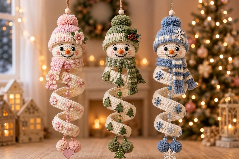 May include: Three hanging crochet snowman ornaments with spiral bodies. The left snowman wears a pink hat and scarf with flowers. The middle snowman has a green hat and scarf with pine trees. The right snowman features a blue hat and scarf with snowflakes.