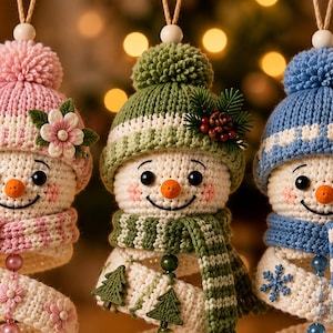 May include: Three crocheted snowman ornaments with pom-pom hats in pink, green, and blue. Each snowman has a carrot nose, black eyes, and a matching scarf. The pink one features flowers, the green one has pine needles, and the blue one has snowflakes.