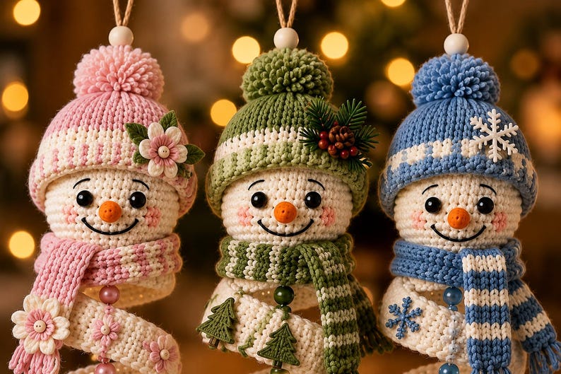 May include: Three crocheted snowman ornaments with pom-pom hats in pink, green, and blue. Each snowman has a carrot nose, black eyes, and a matching scarf. The pink one features flowers, the green one has pine needles, and the blue one has snowflakes.
