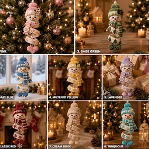 May include: Eight crocheted snowman ornaments in various colors including pink, sage green, baby blue, mustard yellow, lavender, classic red, cream beige, and turquoise. Each snowman wears a matching hat and scarf with a spiral body design.