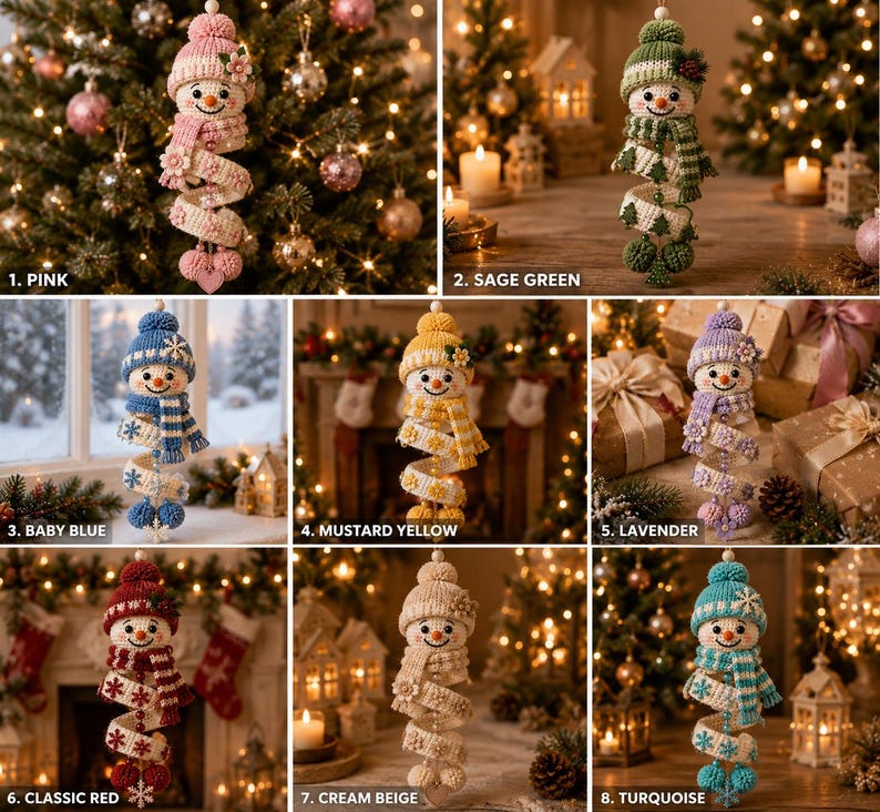 May include: Eight crocheted snowman ornaments in various colors including pink, sage green, baby blue, mustard yellow, lavender, classic red, cream beige, and turquoise. Each snowman wears a matching hat and scarf with a spiral body design.