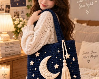 Moon and Stars Tote Bag Crochet Pattern PDF, Celestial Crochet Bag Tutorial, Star Applique Tote Pattern, Instant Download