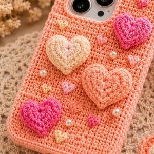 Puede incluir: Una funda de tel&eacute;fono de ganchillo color melocot&oacute;n con varios corazones tridimensionales en tonos rosa, crema y melocot&oacute;n. La funda est&aacute; decorada con peque&ntilde;as perlas blancas falsas dispersas por la superficie e incluye una correa de mu&ntilde;eca a juego.
