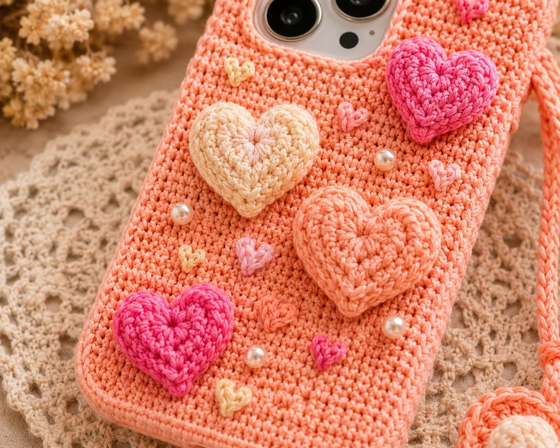 Puede incluir: Una funda de tel&eacute;fono de ganchillo color melocot&oacute;n con varios corazones tridimensionales en tonos rosa, crema y melocot&oacute;n. La funda est&aacute; decorada con peque&ntilde;as perlas blancas falsas dispersas por la superficie e incluye una correa de mu&ntilde;eca a juego.