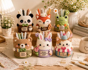 Cute Animal Café Pen Holder Crochet Pattern PDF | Panda Fox Frog Bear Bunny Cat Desk Organizer | Amigurumi Pen Cup | Instant Download