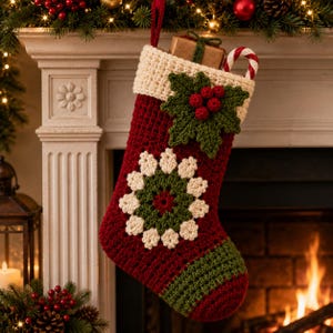 Pode incluir: Uma meia de Natal de crochê vermelha e verde com punho creme, um motivo central de quadrado de crochê floral e uma aplicação decorativa de folhas de azevinho e bagas. Uma pequena caixa de presente e um bastão de doce estão na abertura.