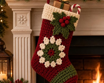 Classic Christmas Granny Square Stocking Crochet Pattern PDF, Holiday Stocking, Christmas Decor, DIY Gift, Instant Download