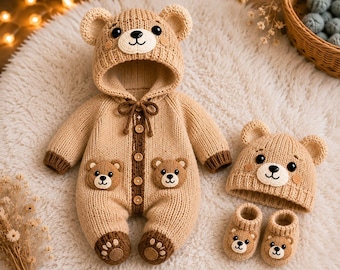 Crochet Baby Bear Romper Pattern PDF, Hooded Bear Jumpsuit, Newborn Crochet Outfit, Baby Hat and Booties Pattern, Instant Download