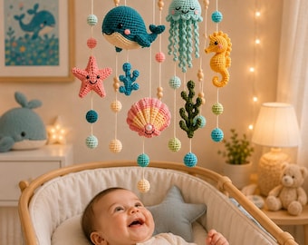 Ocean Friends Crochet Baby Mobile Pattern, Sea Animal Nursery Decor, Amigurumi Mobile PDF, Whale Jellyfish Seahorse Pattern