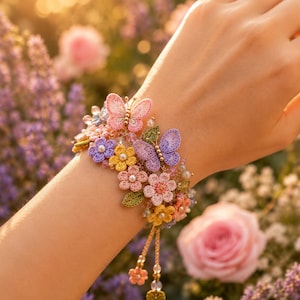 May include: A multi-colored crochet bracelet featuring intricate floral and butterfly motifs in shades of pink, yellow, purple, and green, accented with small white pearls and clear beads, finished with dangling charms on thin gold-toned chains.