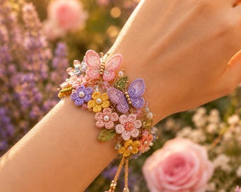Butterfly Floral Bracelet Crochet Pattern PDF, Beaded Crochet Jewelry Tutorial, Adjustable Bracelet Pattern, Instant Digital Download