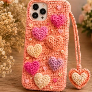 Puede incluir: Una funda de tel&eacute;fono de ganchillo color melocot&oacute;n con varios corazones tridimensionales en tonos rosa, morado y crema. La funda incluye peque&ntilde;os detalles de perlas blancas y una correa de mu&ntilde;eca de ganchillo a juego con un dije de coraz&oacute;n.